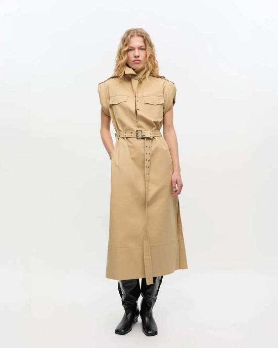  가니 롱 원피스 스트레치 카울넥 롱 드레스 페일 카키 - GANNI