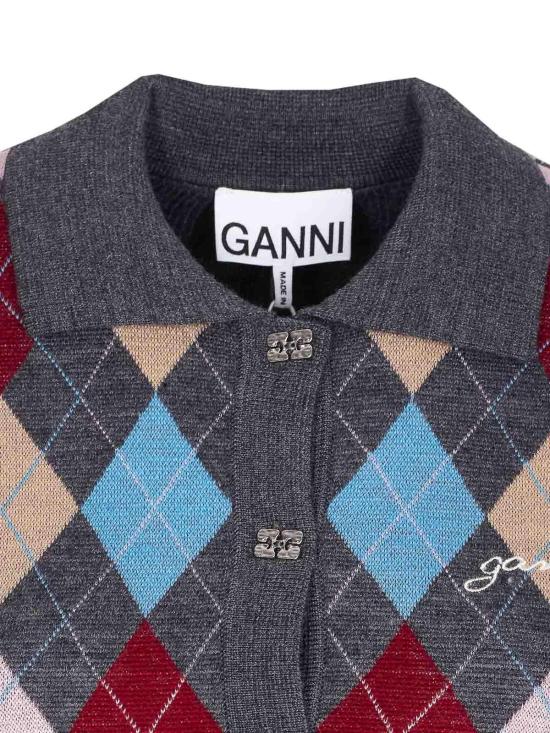  가니 아가일 니트 폴로 가디건 K2601920 Grey - GANNI