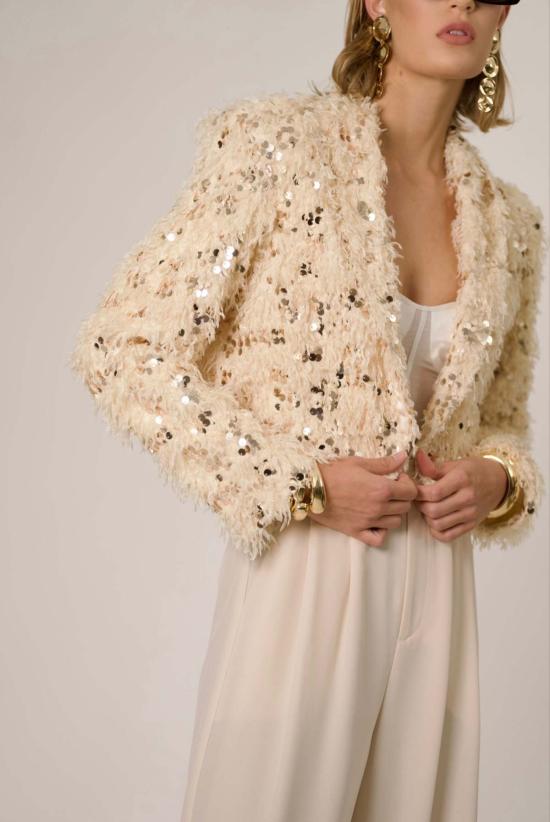  논살란트 레이블 코트 논샬런트 라벨 에벌리 인조 퍼 재킷 오프 화이트/골드 스팽글