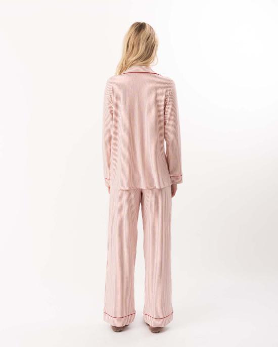  에버제이 라운지 웨어 지젤 롱 프린트 파자마 세트 듀오 스트라이프 홀리레드 - EBERJEY