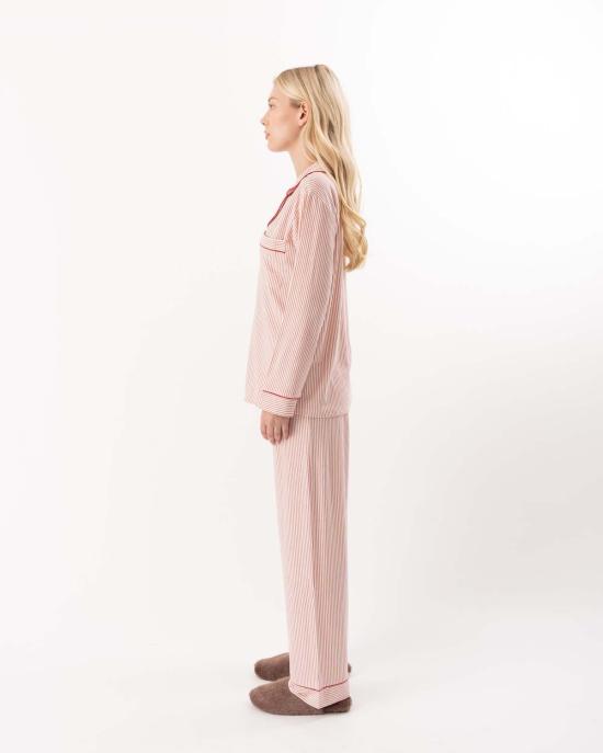  에버제이 라운지 웨어 지젤 롱 프린트 파자마 세트 듀오 스트라이프 홀리레드 - EBERJEY