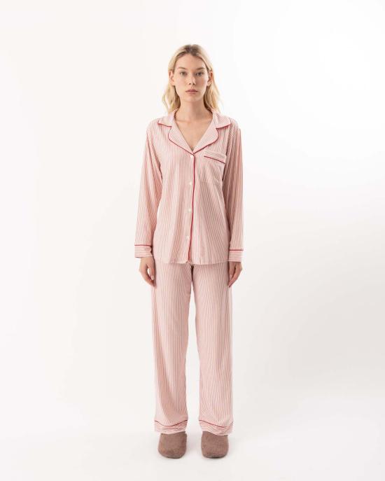  에버제이 라운지 웨어 지젤 롱 프린트 파자마 세트 듀오 스트라이프 홀리레드