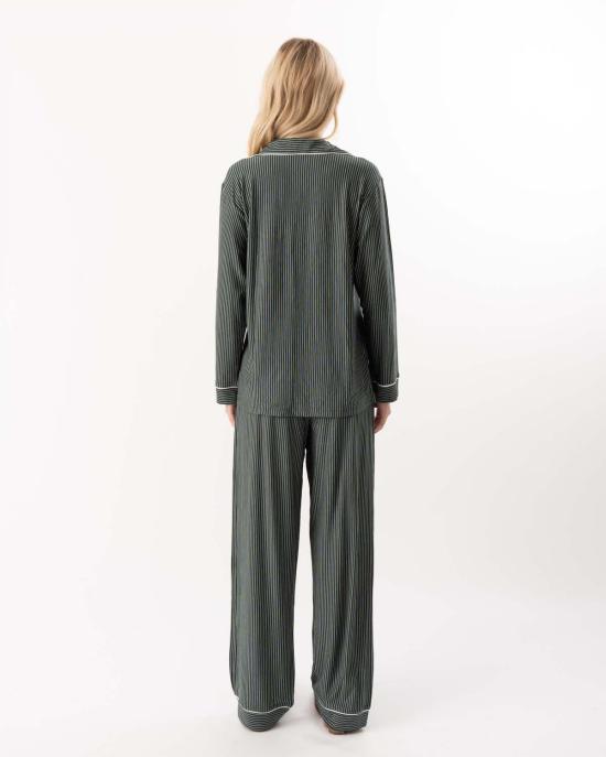  에버제이 언더웨어 지젤 프린트 롱 파자마 세트 듀오 스트라이프 파인/아이보리 - EBERJEY