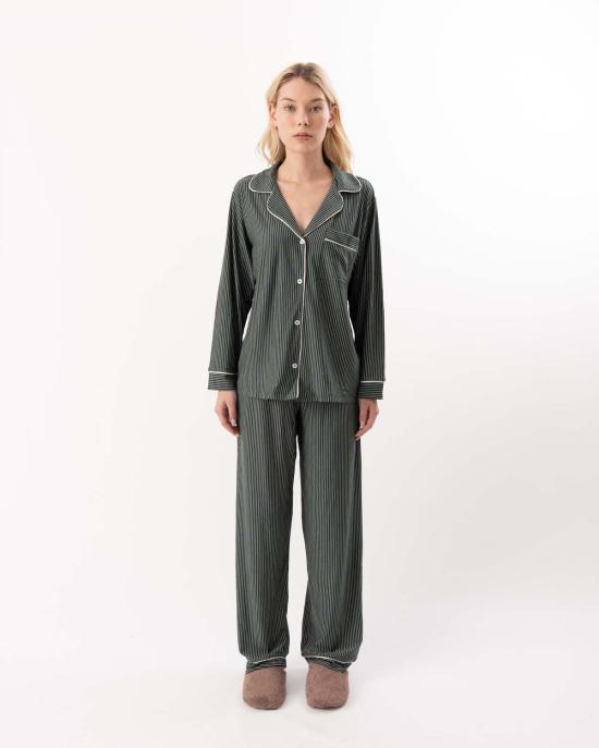  에버제이 언더웨어 지젤 프린트 롱 파자마 세트 듀오 스트라이프 파인/아이보리