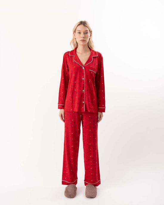  에버제이 언더웨어 지젤 프린트 롱 파자마 세트 호두까기 인형 홀리 레드/아이보리