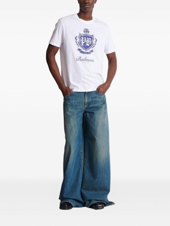 25FW 발망 플록 반소매 티셔츠 FH0EG000GF33 GWX White - BALMAIN