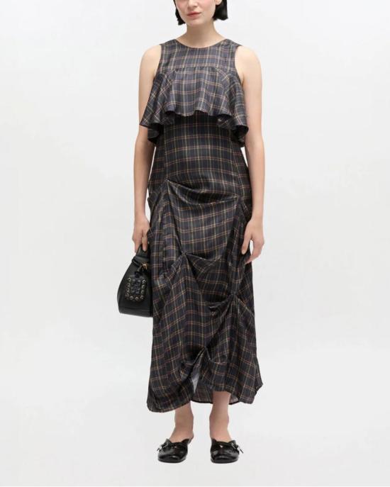  가니 롱 원피스 체크 러플 드레스 그레이 - GANNI
