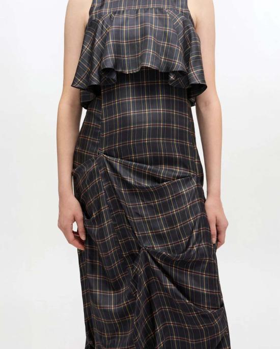  가니 롱 원피스 체크 러플 드레스 그레이 - GANNI