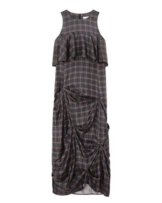  가니 롱 원피스 체크 러플 드레스 그레이