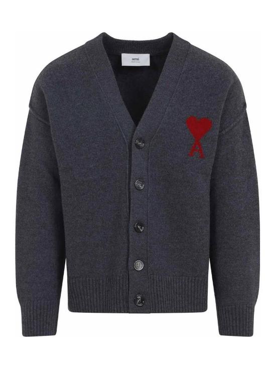 26SS 아미 하트 로고 인타르시아 V넥 가디건 UKC367018084 Grey