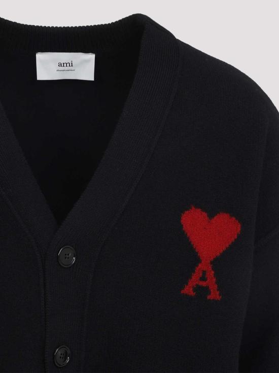  아미 하트 로고 인타르시아 V넥 가디건 UKC367018009 Black - AMI