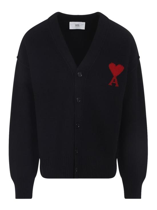  아미 하트 로고 인타르시아 V넥 가디건 UKC367018009 Black