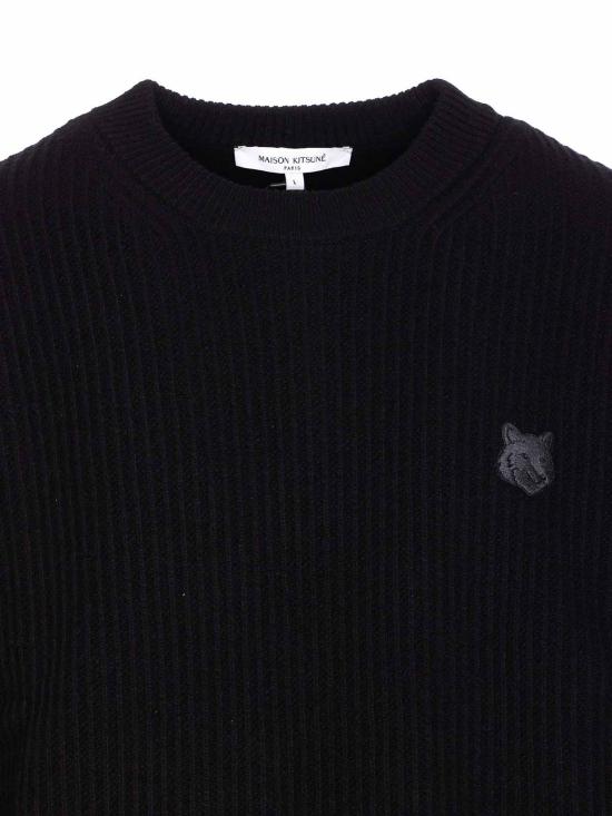 25FW 메종키츠네 폭스 헤드 울 립드 스웨터 PM00811KT1149P199 Black - MAISON KITSUNE