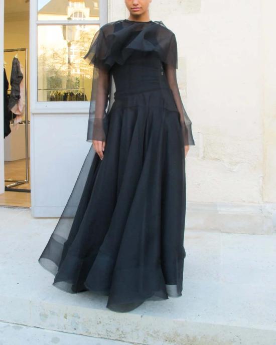  가니 롱 원피스 텍스처드 오간자 롱 풀 서클 드레스 블랙 - GANNI