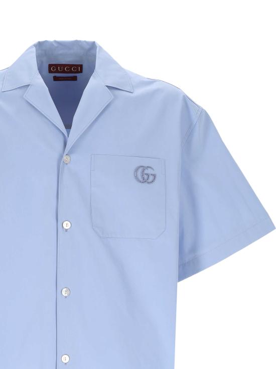 25FW 구찌 GG 포켓 캠프 칼라 코튼 포플린 반팔 셔츠 810604 Z7AUX4850 Blue - GUCCI