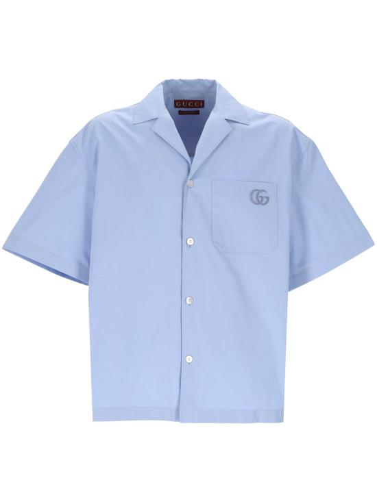 25FW 구찌 GG 포켓 캠프 칼라 코튼 포플린 반팔 셔츠 810604 Z7AUX4850 Blue