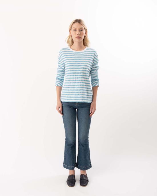  엘리엇 로렌 긴팔 티셔츠 3/4 셔링 슬리브 스트라이프 티셔츠 터키석 - ELLIOTT LAUREN