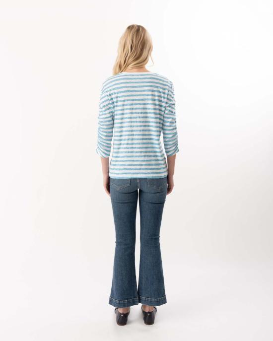  엘리엇 로렌 긴팔 티셔츠 3/4 셔링 슬리브 스트라이프 티셔츠 터키석 - ELLIOTT LAUREN