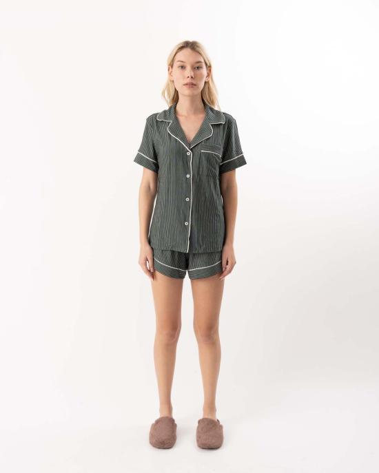  에버제이 언더웨어 지젤 프린트 릴렉스 숏 파자마 세트 듀오 스트라이프 파인/아이보리