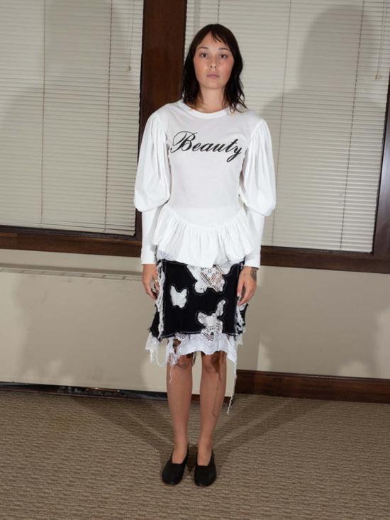  자넬 애봇 데님 스커트 Jrat 버스 정류장 버터플라이 스커트 재활용 데님/레이스 커튼