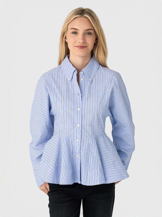  가니 블라우스 스트라이프 코튼 페플럼 탑