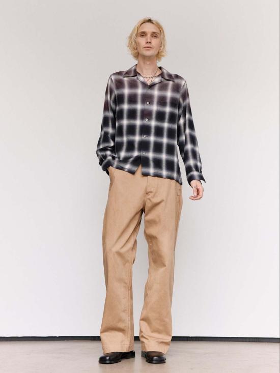  타이가 타카하시 긴팔 셔츠 Lot.101 블리치드 그레이 플레드 오픈 칼라 - TAIGA TAKAHASHI