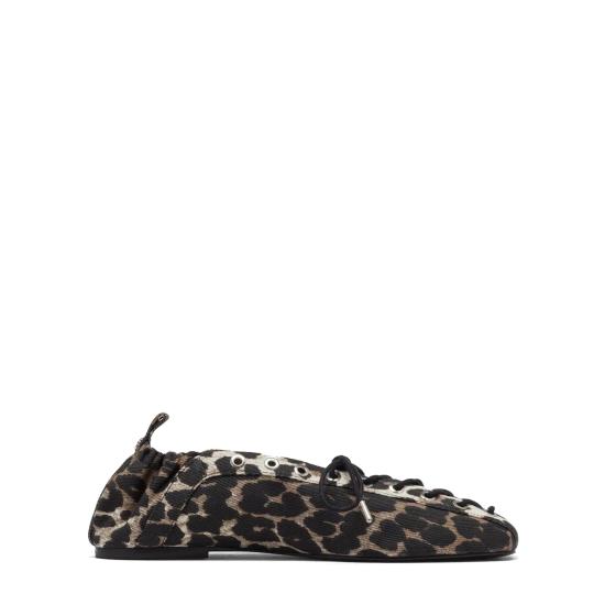 25SS 가니 레오파드 프린트 데님 아일렛 레이스업 발레리나 플랫 슈즈 S2961 943 LEOPARD