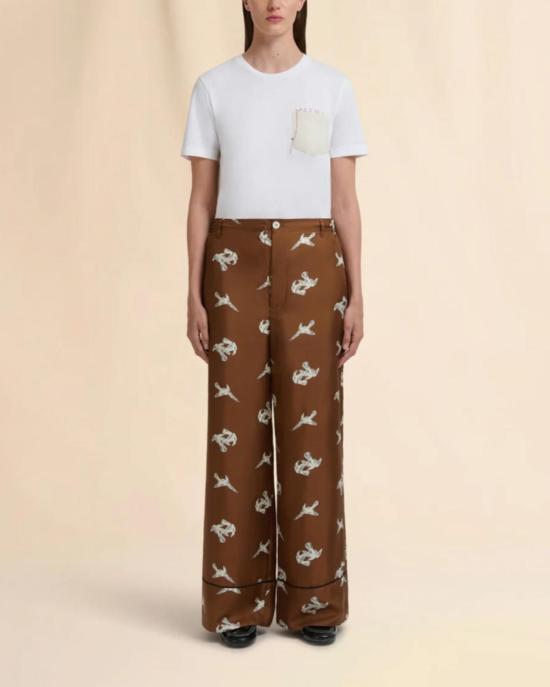  마르니 스트레이트 팬츠 레이븐 프린트 와이드 레그 팬츠 브라운 - MARNI