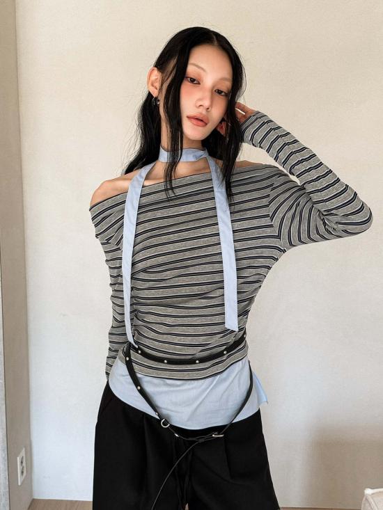  더 엔케이씨 스토어 블라우스 Nkc 스토어 에머리 그레이 스트라이프 탑 - The NKC Store