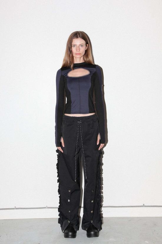  케이코 스트레이트 팬츠 KK Co 러플 스플릿 트랙 팬츠 오닉스 - KKCO