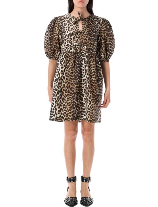 26SS 가니 프린티드 타이 스트링 포플린 미니 드레스 F97586488943 Brown