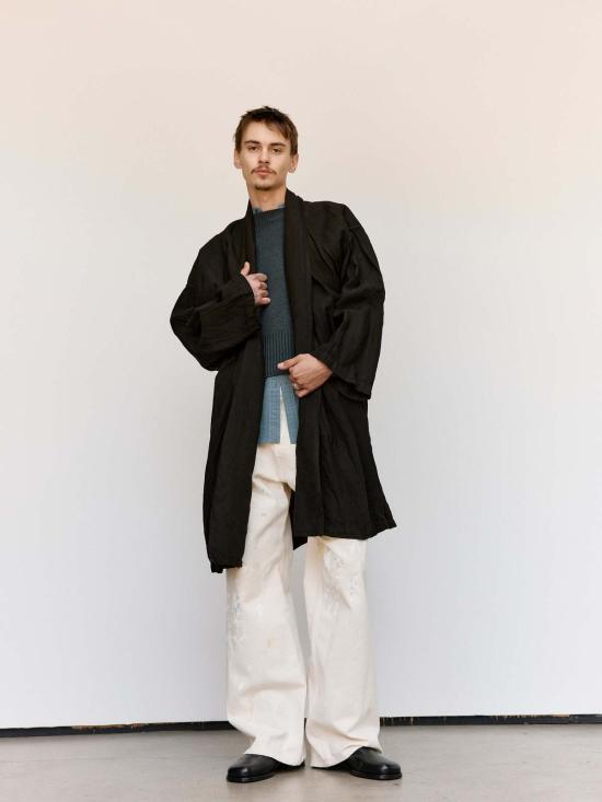  타이가 타카하시 코트 Lot.406 머드 다이 브라운 리넨 숄 칼라