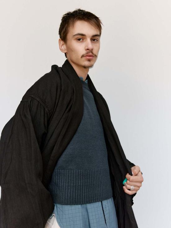  타이가 타카하시 코트 Lot.406 머드 다이 브라운 리넨 숄 칼라 - TAIGA TAKAHASHI