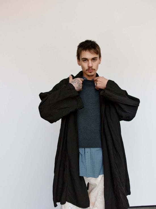  타이가 타카하시 코트 Lot.406 머드 다이 브라운 리넨 숄 칼라 - TAIGA TAKAHASHI