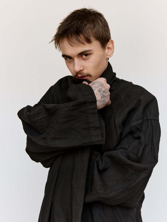  타이가 타카하시 코트 Lot.406 머드 다이 브라운 리넨 숄 칼라 - TAIGA TAKAHASHI