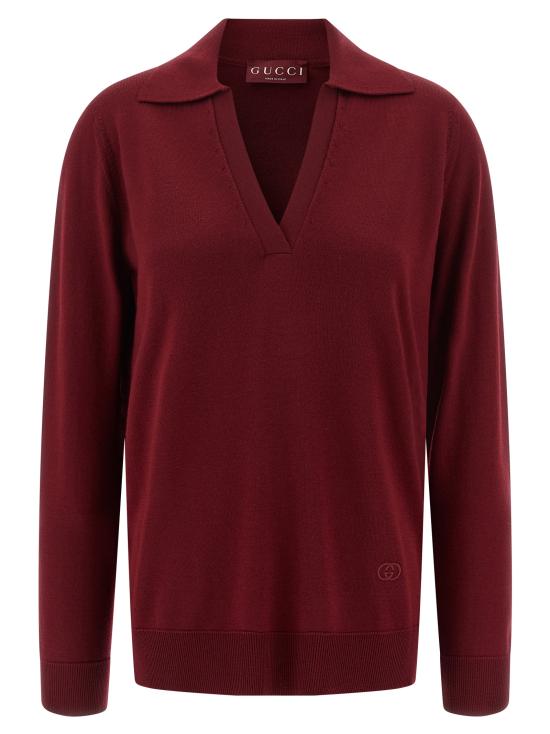 25FW 구찌 딥 브이넥 리브드 커프 울 폴로 스웨터 793883 XKFA86318 BORDEAUX