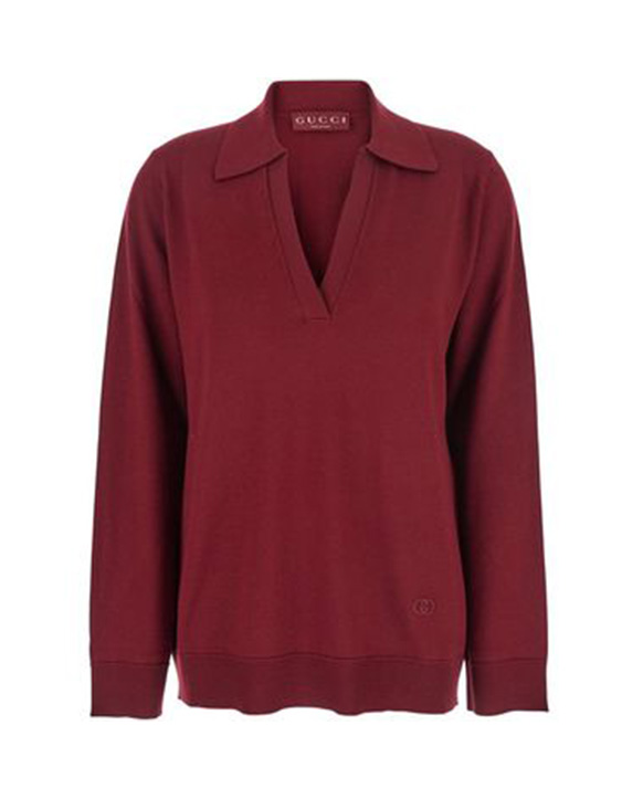 26FW 구찌 딥 브이넥 리브드 커프 울 폴로 스웨터 793883 XKFA86318 BORDEAUX
