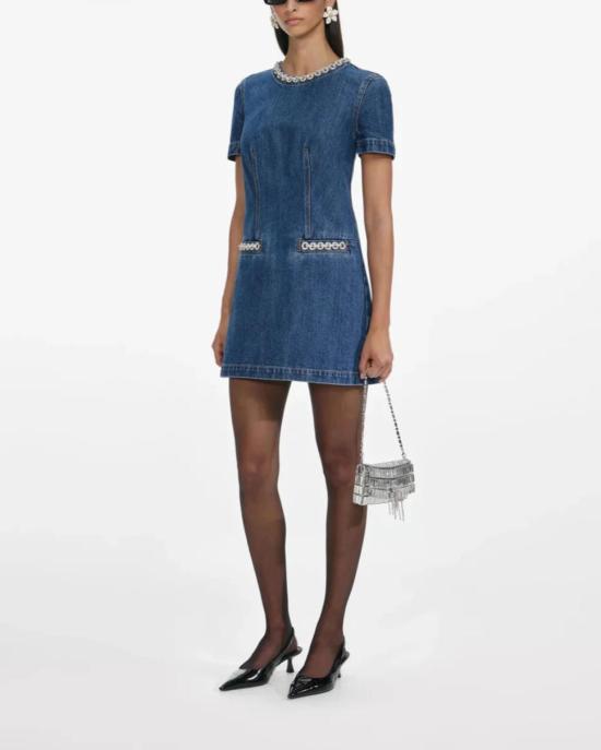  셀프 포트레이트 숏 원피스 데님 크리스탈 트림 미니 드레스 블루 - SELF PORTRAIT