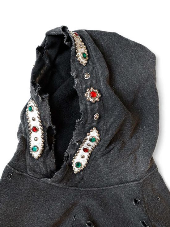  캐피탈 긴팔 티셔츠 SWT 니트 스릴러 데미지드 후드 티셔츠(스터드) - KAPITAL