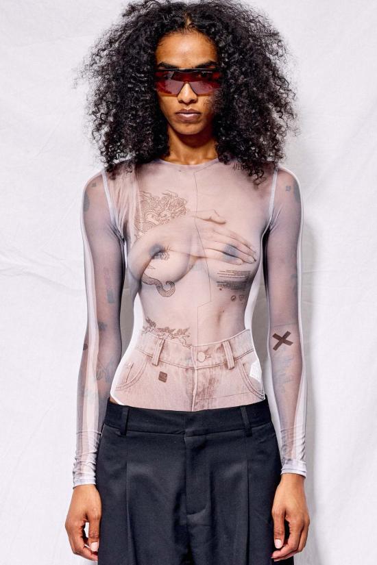  TTSWTRS 바디수트 티셔츠 Ttswtrs 화이트 메시 바디수트 콜라주