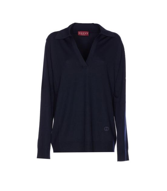 25FW 구찌 딥 브이넥 리브드 커프 울 폴로 스웨터 딥 브이넥 리브드 커프 울 폴로  793883XKFA84215 BLUE