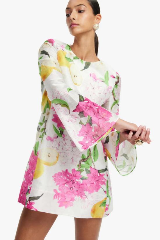  레오 린 숏 원피스 수잔 벨 슬리브 미니 드레스 플로럴 페어 프린트 - LEO LIN