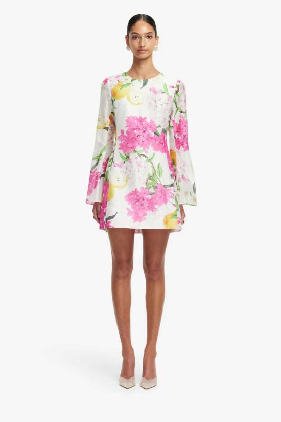 레오 린 숏 원피스 수잔 벨 슬리브 미니 드레스 플로럴 페어 프린트 - LEO LIN