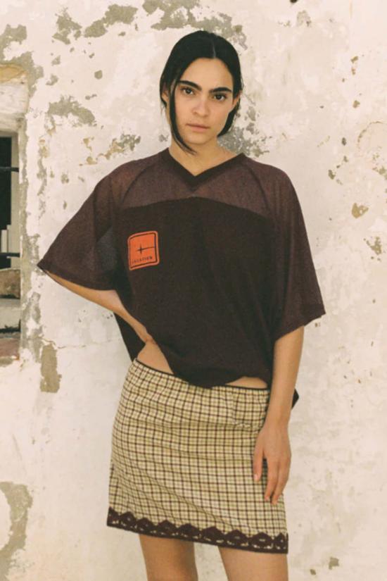  차오 차오 민소매 티셔츠 Ciao Ciao 메쉬 라글란 크롭 티 플럼