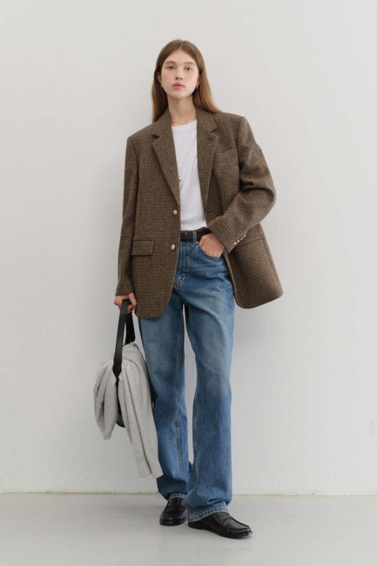  던스트 수트 자켓 유니섹스 클래식 울 블레이저 브라운 체크 - DUNST