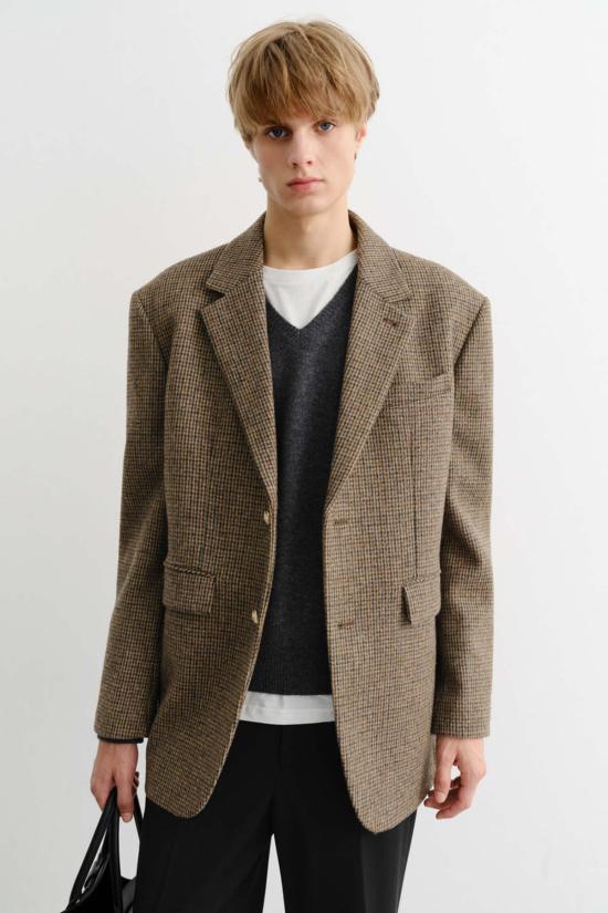  던스트 수트 자켓 유니섹스 클래식 울 블레이저 브라운 체크 - DUNST