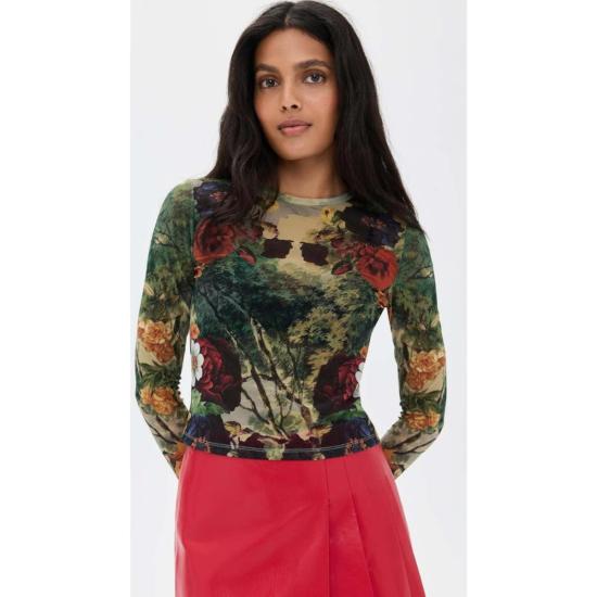  앨리스 앤 올리비아 셔츠 앨리스 + 올리비아 델라이나 프린트 메시 크롭 탑 포비든 포레스트 - ALICE & OLIVIA