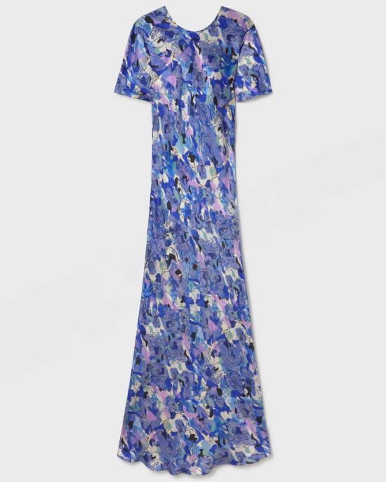  실크 런드리 롱 원피스 반팔 바이어스 드레스