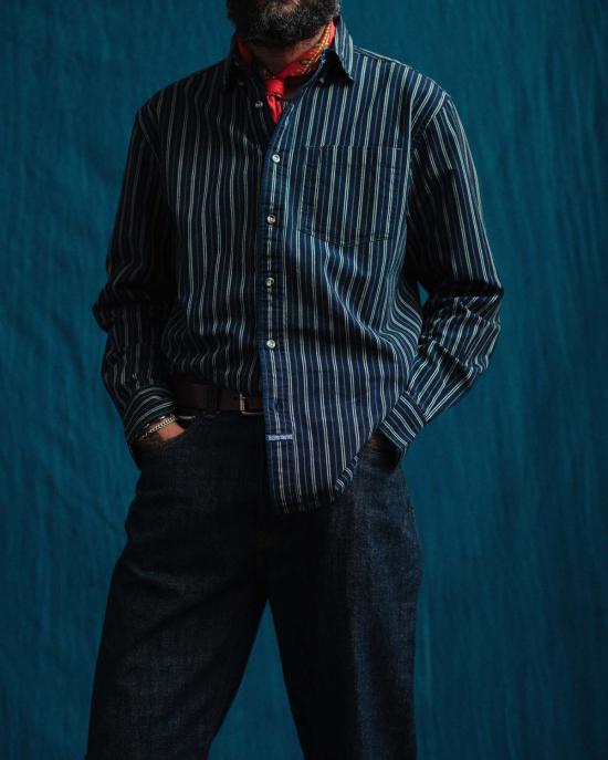  DUBBLEWARE 긴팔 셔츠 더블웨어 빈티지 B.D.  데님 스트라이프 인디고 - DUBBLEWARE