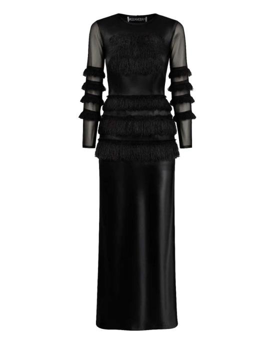  Frenken 롱 원피스 프렌켄 컴바인드 프린지 새틴 드레스 블랙